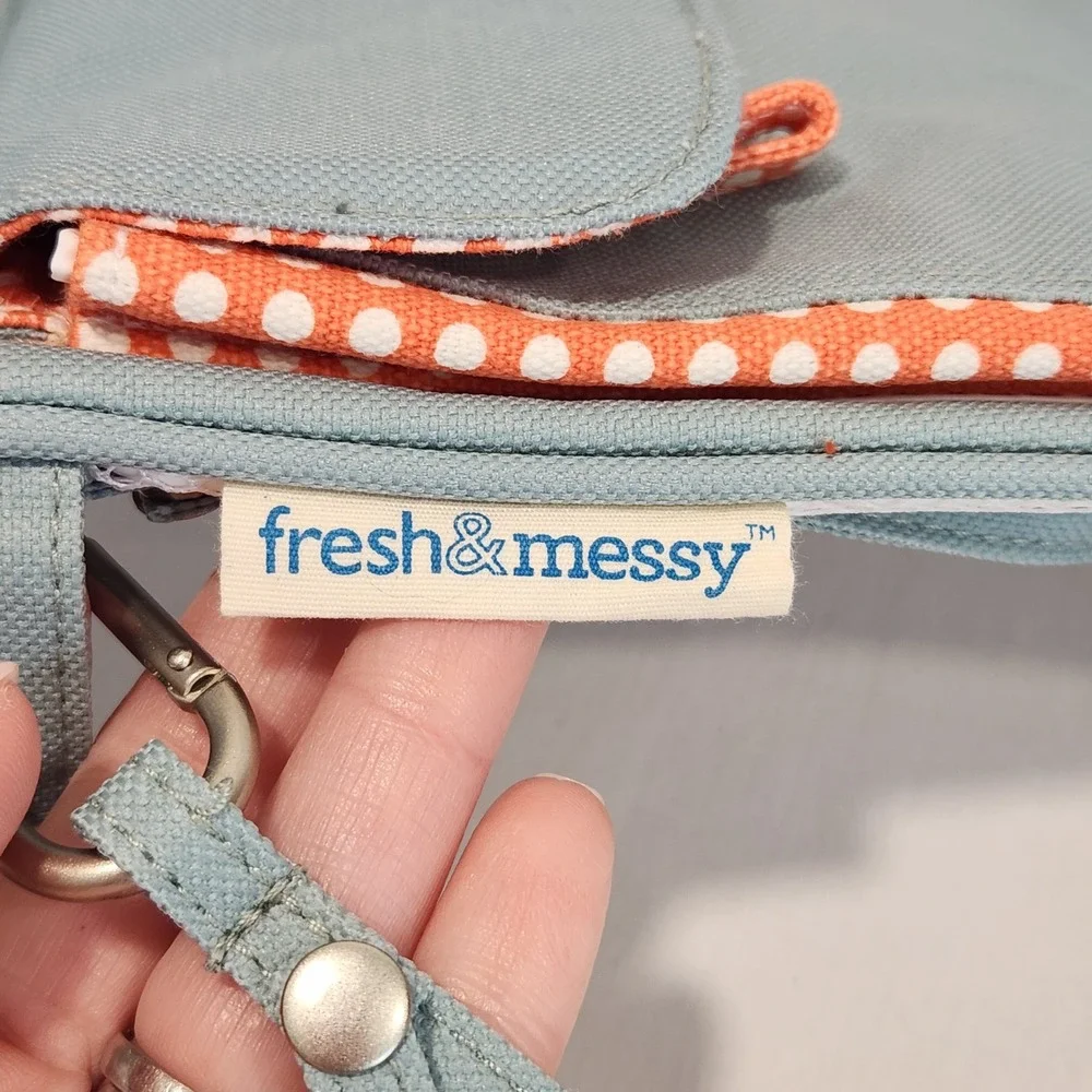 SugarBooger Fresh & Messy Organizer Blue Canvas Pig Bag Orange Polka Dot‎